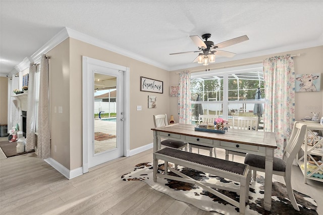 dining room with ceiling fan, light wood-type flooring, crown molding, and a textured ceiling