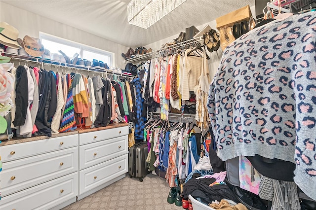 spacious closet featuring light carpet