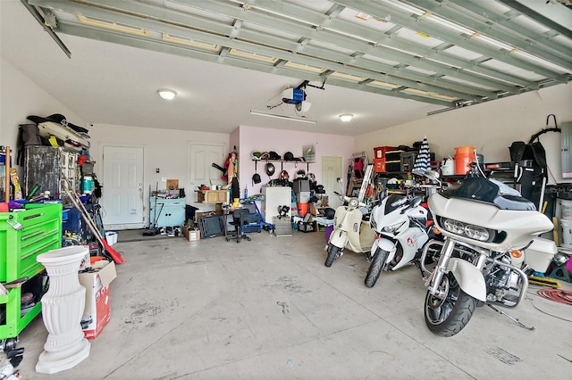 garage with a garage door opener and electric panel