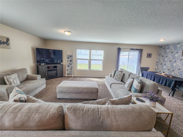 living room with a textured ceiling and carpet flooring