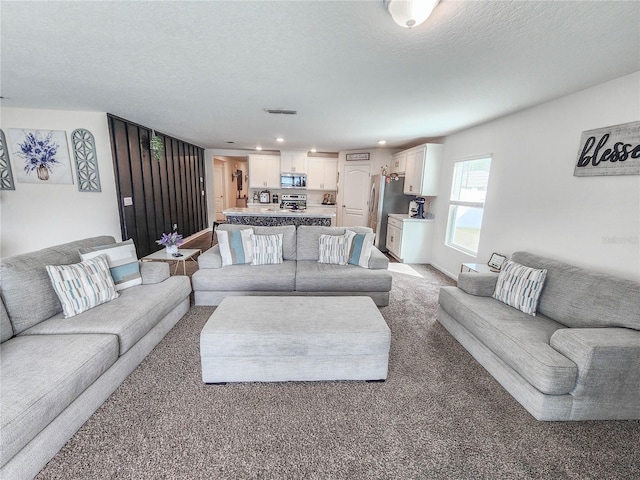 carpeted living room with a textured ceiling