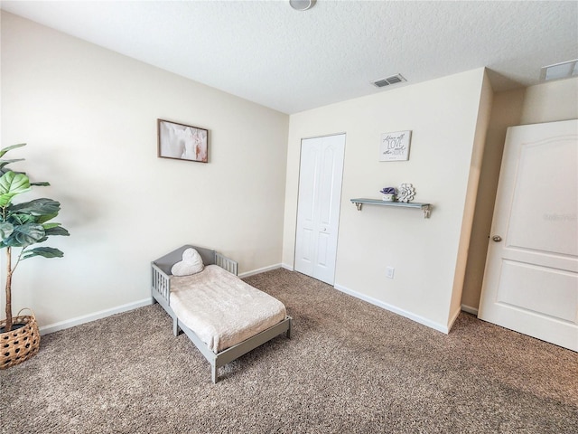 sitting room featuring a textured ceiling and carpet