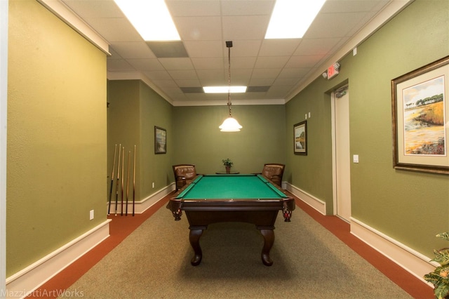 playroom with crown molding, carpet flooring, a drop ceiling, billiards, and baseboards