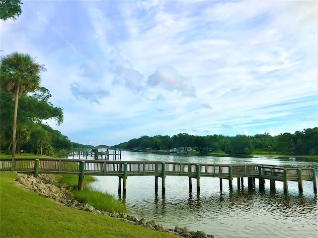 view of dock with a water view