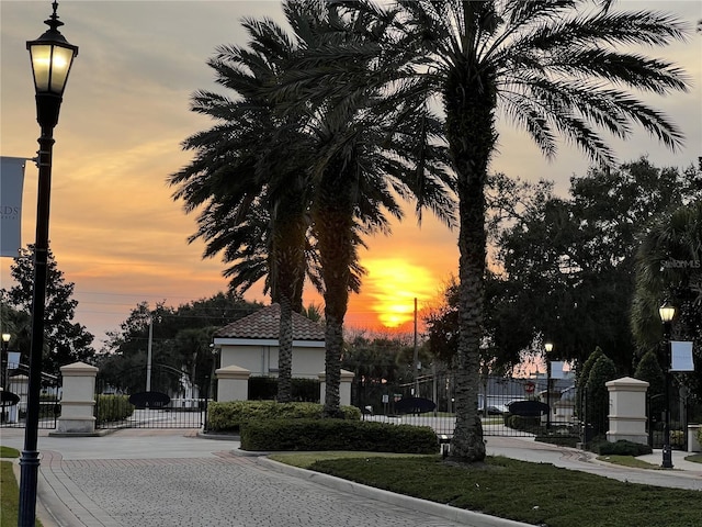 view of road featuring street lights, curbs, a gated entry, and a gate