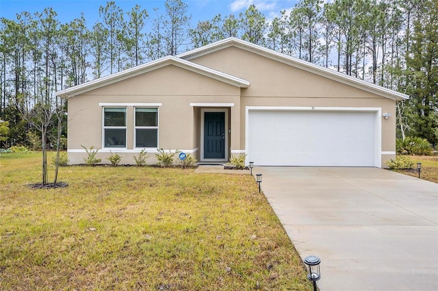 ranch-style house with a garage and a front yard