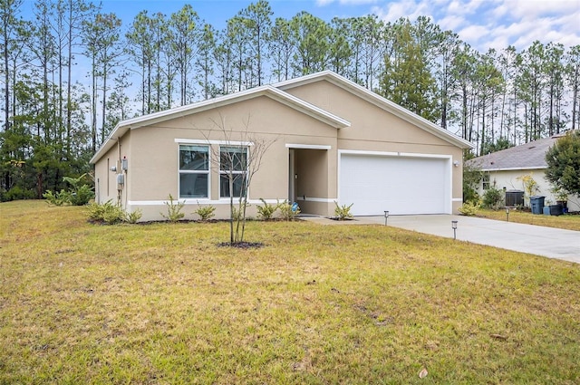 ranch-style house featuring central AC unit, a front lawn, and a garage