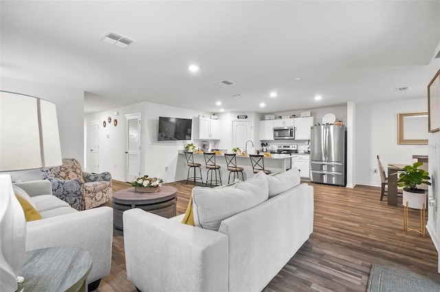 living room with dark wood-type flooring and sink