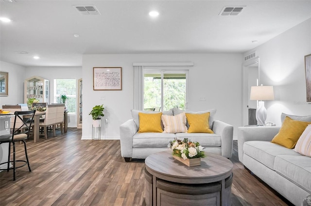 living room with dark wood-type flooring