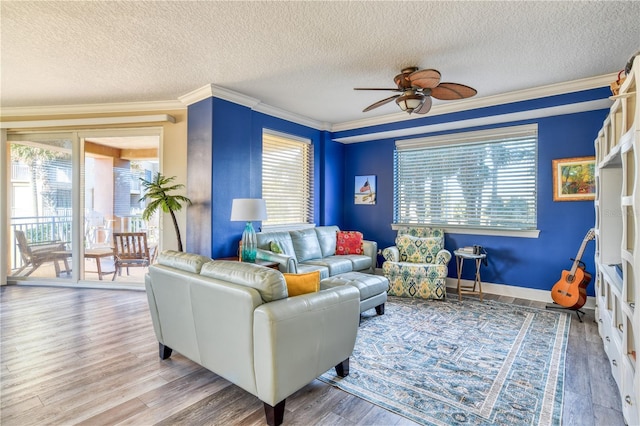 living room featuring ceiling fan, plenty of natural light, and crown molding