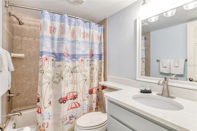 full bathroom featuring toilet, vanity, and shower / bathtub combination with curtain