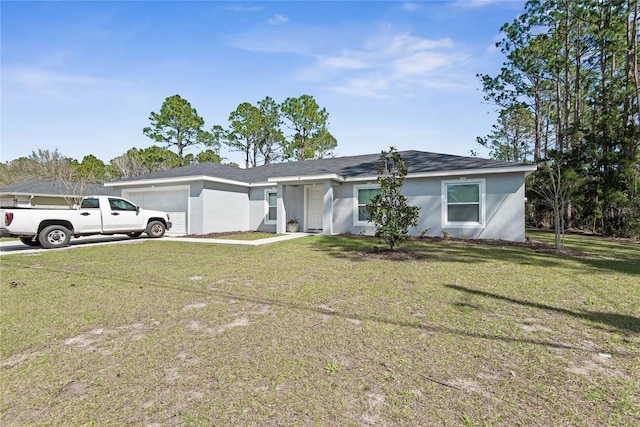 ranch-style house with an attached garage, a front yard, and stucco siding