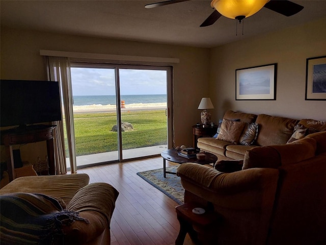 living room featuring ceiling fan and light hardwood / wood-style flooring