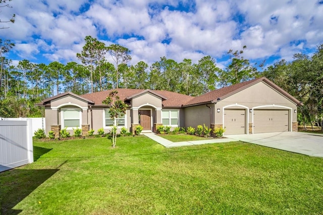 single story home with a garage and a front yard