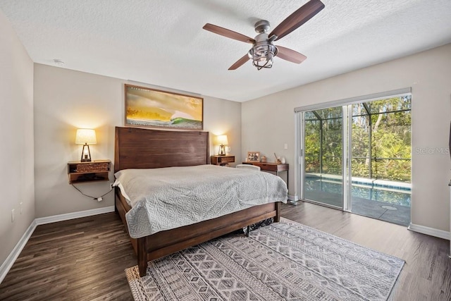 bedroom with wood-type flooring, a textured ceiling, access to outside, and ceiling fan