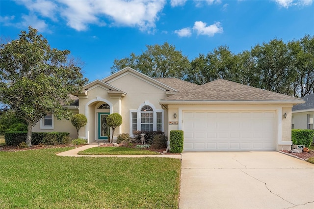 single story home featuring a garage, concrete driveway, a front lawn, and stucco siding