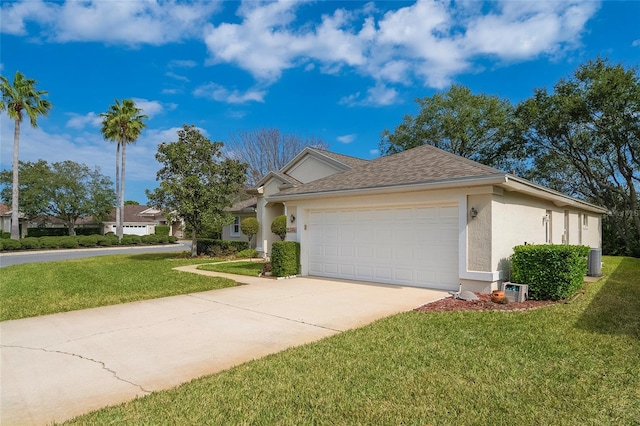 ranch-style home with an attached garage, a front yard, concrete driveway, and stucco siding