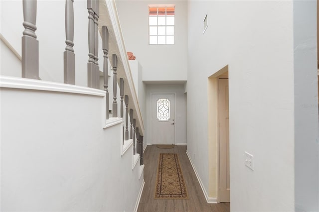 entryway with plenty of natural light, hardwood / wood-style floors, and a high ceiling