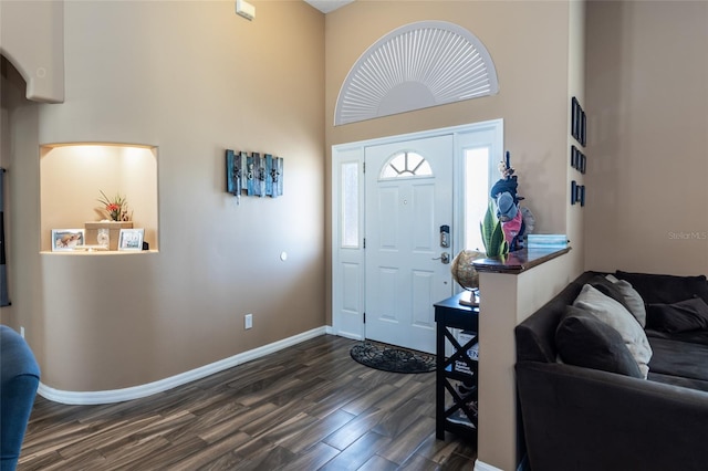 entrance foyer featuring dark hardwood / wood-style floors and a high ceiling