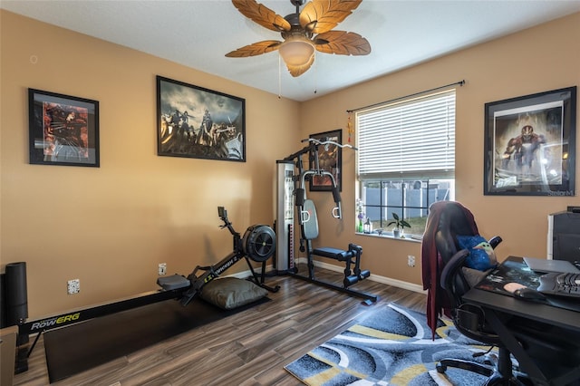 home office featuring ceiling fan and hardwood / wood-style floors