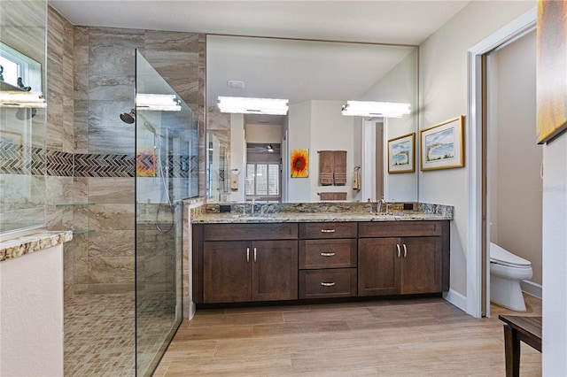 bathroom with vanity, a tile shower, and toilet