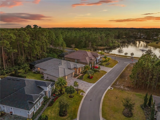 aerial view at dusk with a water view