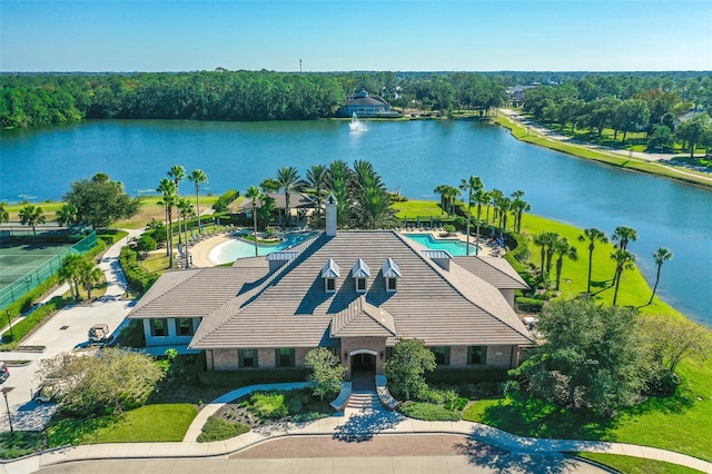 birds eye view of property featuring a water view