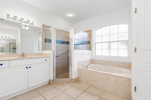 bathroom featuring ceiling fan, vanity, shower with separate bathtub, and tile patterned flooring