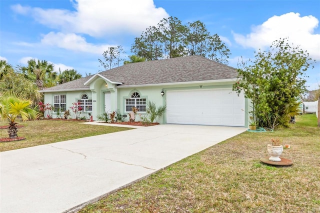 single story home featuring a front yard and a garage