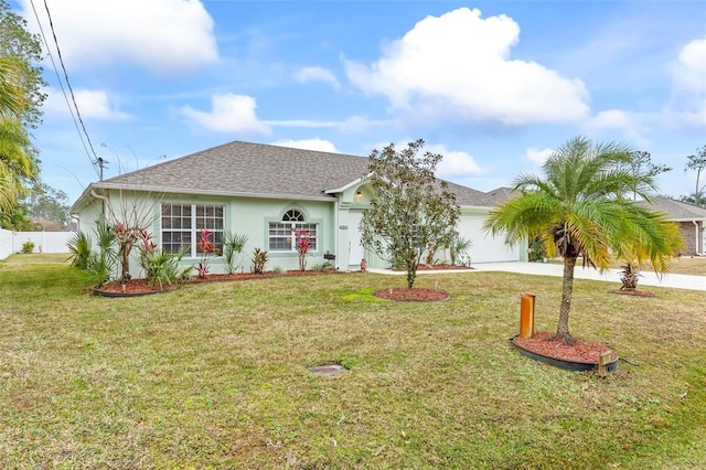 ranch-style house with a garage and a front yard