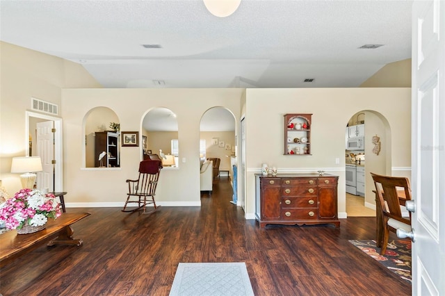 entrance foyer with dark hardwood / wood-style floors, a textured ceiling, and lofted ceiling