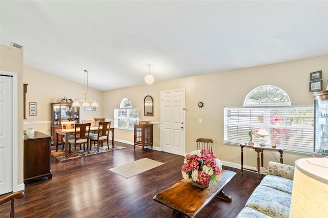 living room featuring lofted ceiling and dark hardwood / wood-style flooring