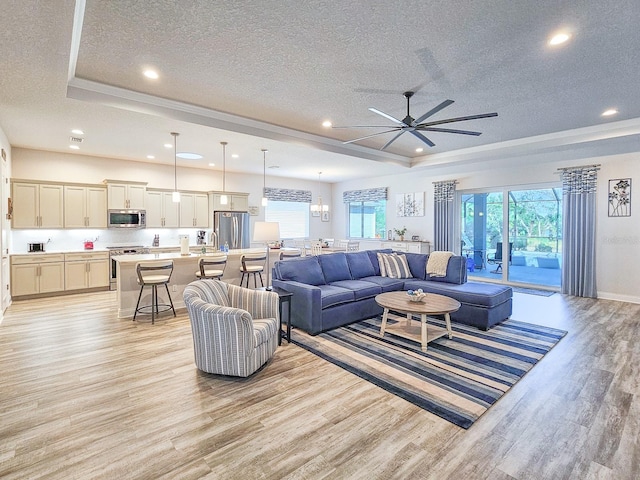 living room with sink, ceiling fan, a tray ceiling, light hardwood / wood-style floors, and a textured ceiling