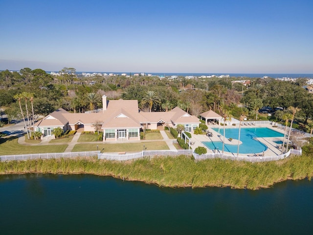 drone / aerial view with a water view