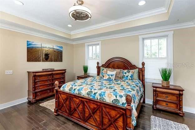 bedroom with multiple windows, dark hardwood / wood-style floors, a raised ceiling, and ornamental molding