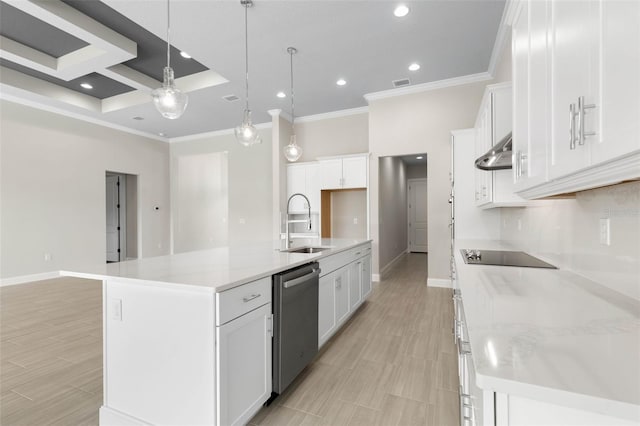 kitchen with black electric cooktop, under cabinet range hood, a sink, stainless steel dishwasher, and tasteful backsplash