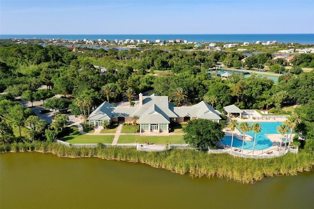 bird's eye view with a water view