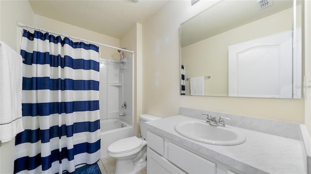 full bathroom featuring a textured ceiling, tile patterned floors, vanity, toilet, and shower / tub combo with curtain