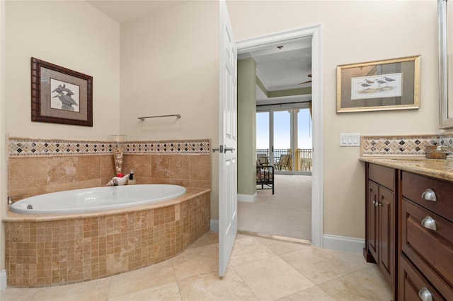 full bathroom featuring tile patterned flooring, vanity, ornamental molding, a bath, and decorative backsplash