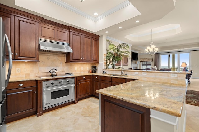 kitchen featuring a raised ceiling, appliances with stainless steel finishes, a sink, a peninsula, and under cabinet range hood