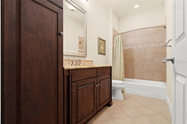 full bathroom featuring shower / bath combination with curtain, vanity, toilet, and tile patterned floors