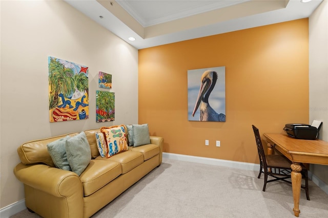 carpeted home office featuring ornamental molding, recessed lighting, and baseboards