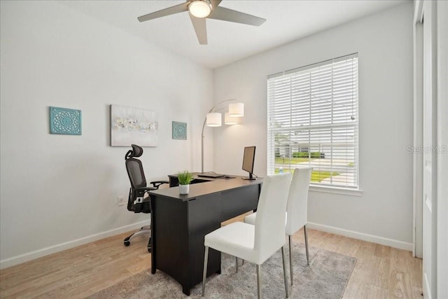 home office featuring light hardwood / wood-style floors, a wealth of natural light, and ceiling fan