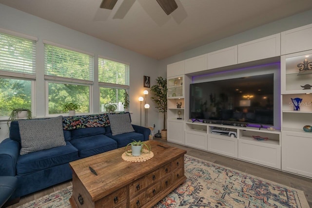 living room featuring ceiling fan