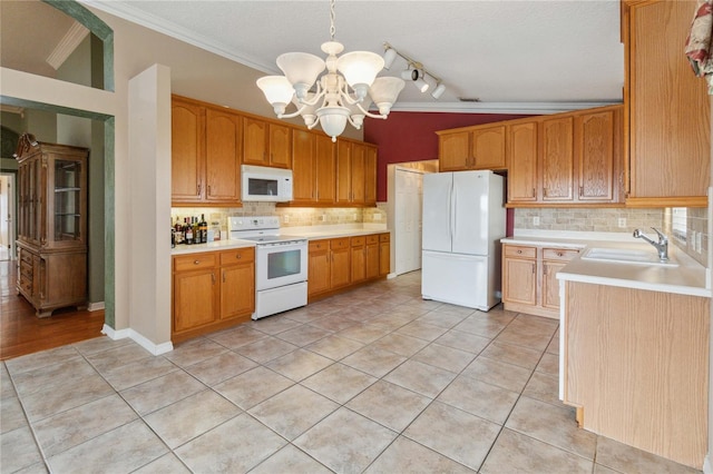 kitchen featuring sink, light tile patterned flooring, white appliances, decorative backsplash, and lofted ceiling