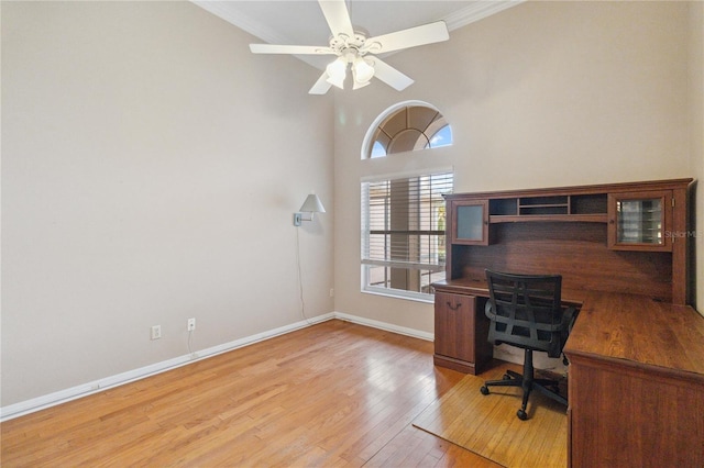 office featuring light hardwood / wood-style floors, ceiling fan, and ornamental molding