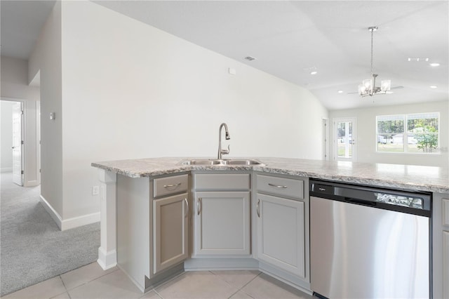 kitchen with sink, dishwasher, light carpet, and gray cabinetry