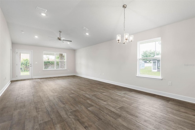 48 Bannbury Ln, Palm Coast, FL 32137 - empty room with ceiling fan, baseboards, dark wood-style floors, a chandelier, and recessed lighting