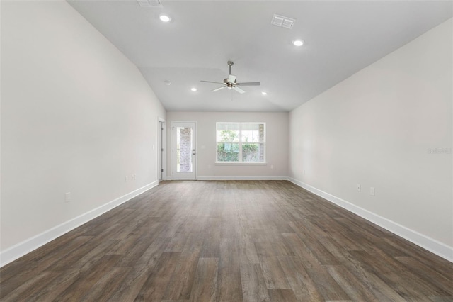 48 Bannbury Ln, Palm Coast, FL 32137 - empty room featuring a ceiling fan, vaulted ceiling, dark wood-type flooring, baseboards, and recessed lighting