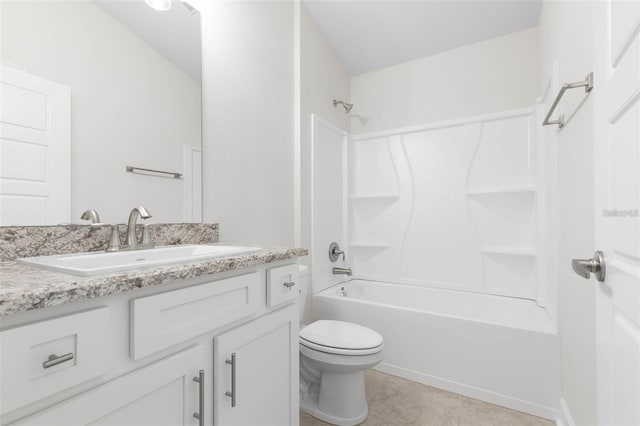 full bathroom featuring tub / shower combination, tile patterned floors, toilet, and vanity